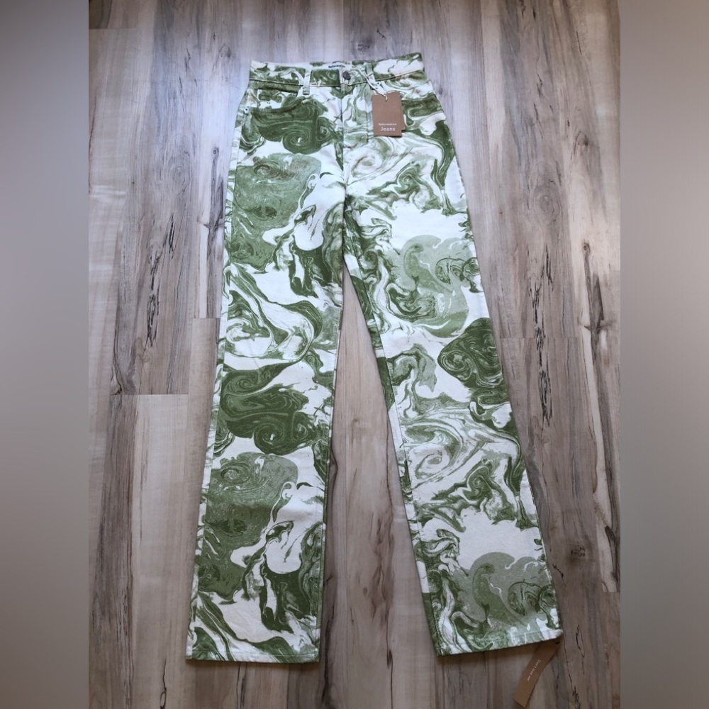 Reformation Marble High Rise Straight Long Jeans 26 Avocado Swirl NWT